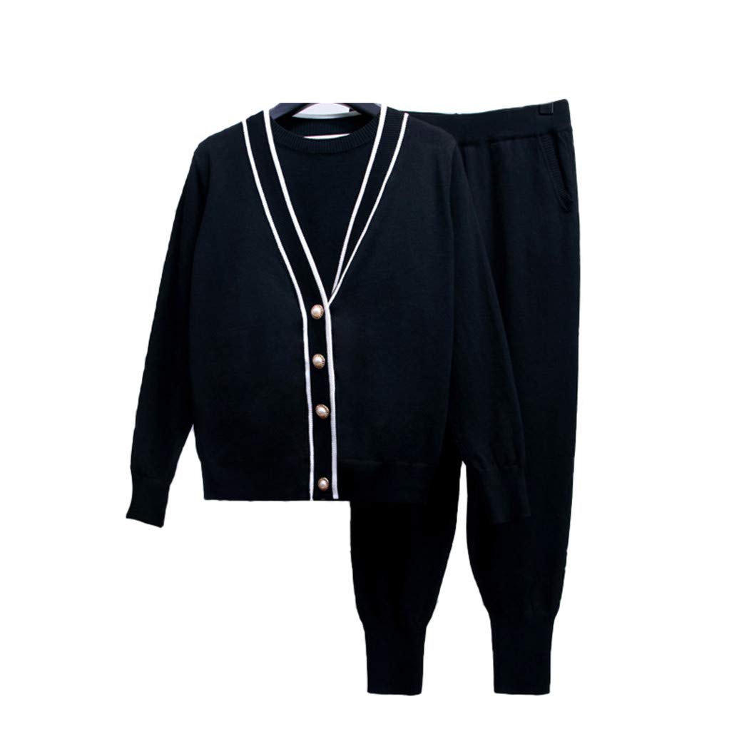 Women's Winter Fashion 3-Piece Set - Pearl Button T-Shirt, Patchwork Knitted Cardigan & Comfortable Pants | Cozy Outfit for Office, Dating & Casual Wear
