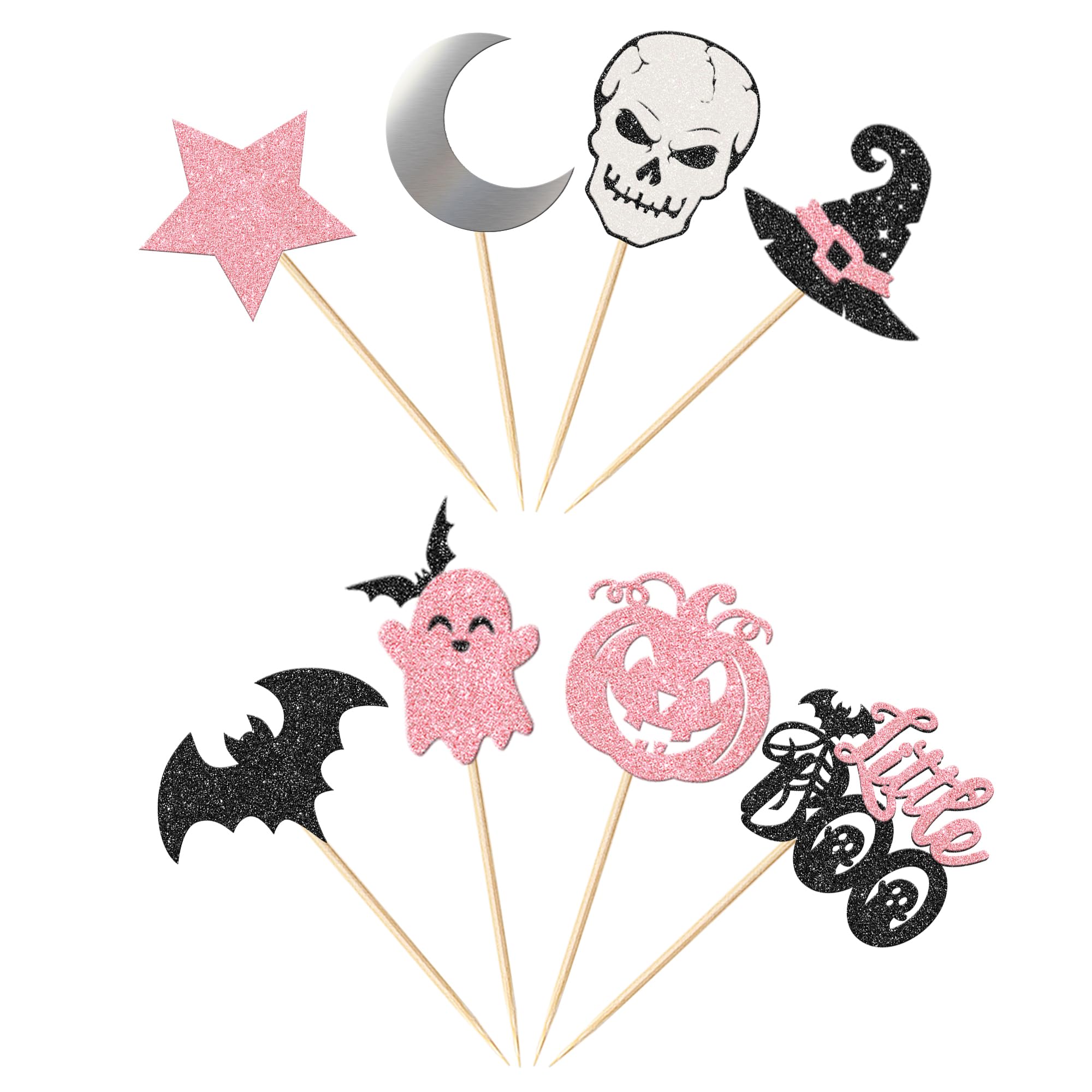 32 Pack Halloween Cupcake Toppers - Pink & Black Glitter Bat Ghost Little Boo Food Picks for Pumpkin Baby Shower Cake Decor | Halloween & Birthday Party Supplies | Perfect for Halloween Treats, Cupcake Decorating, Baby Showers & Birthday Celebrations