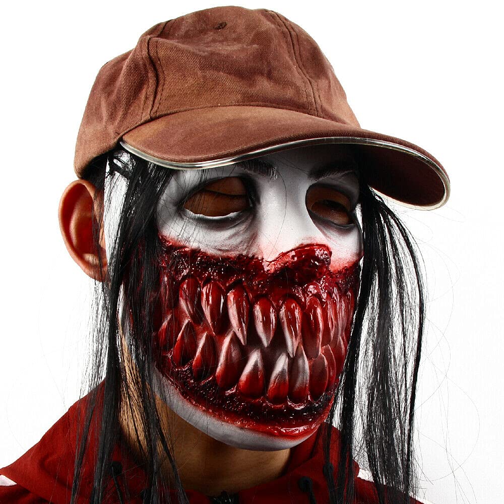 Scary Teeth Halloween Mask with Hair - Realistic Bloody Face Mask for Adults, Horror Costume Accessory for Halloween Parties & Haunted Houses