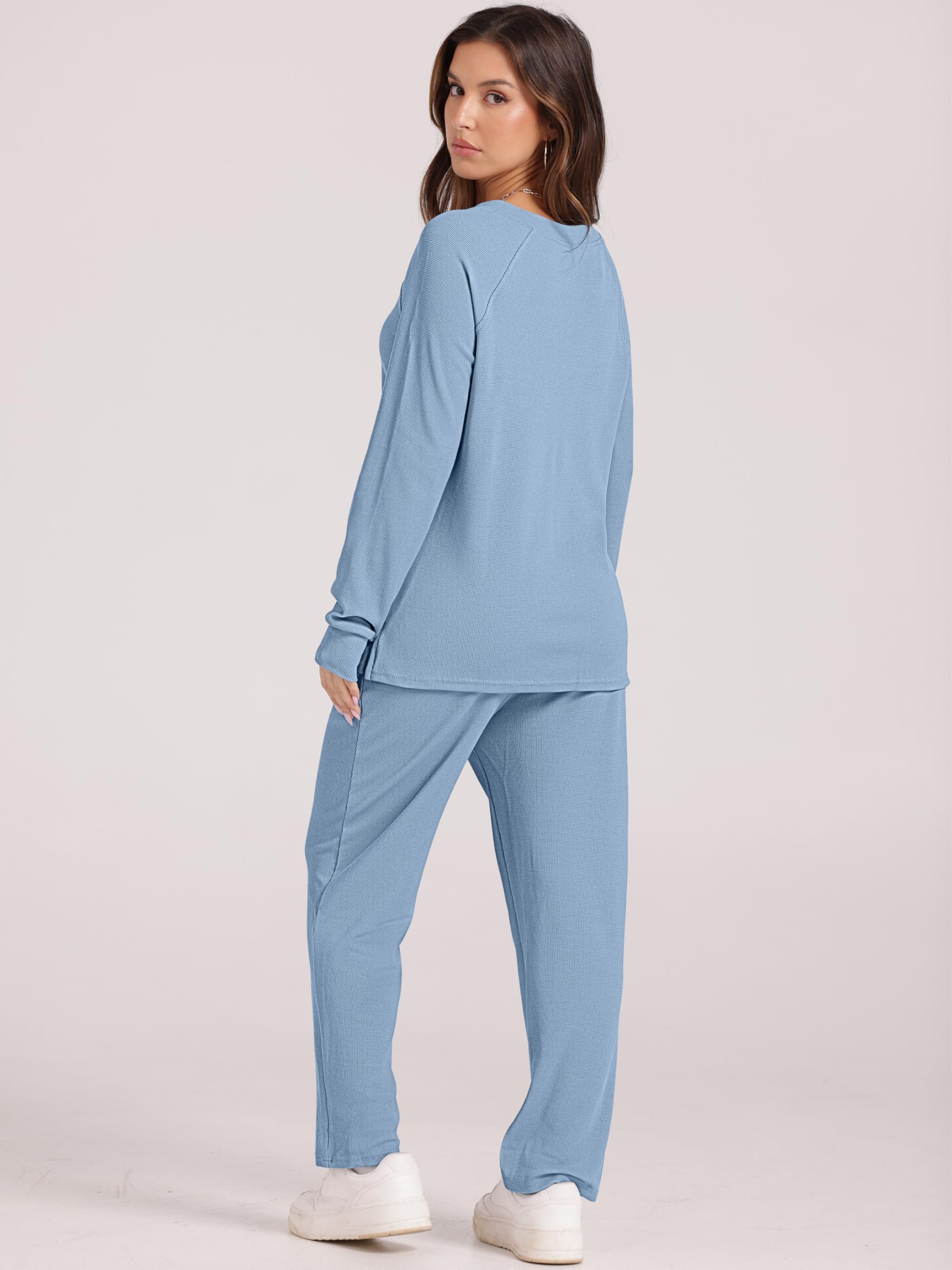 Women's Waffle Knit Pajama Set - Long Sleeve Sleepwear & Pants Soft Lounge PJS with Pockets | Cozy Winter Nightwear for Home Relaxation & Sleep