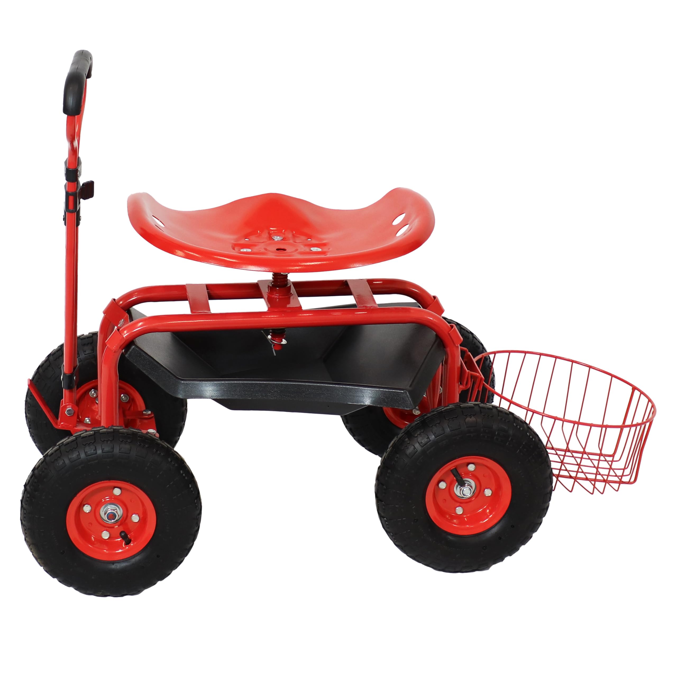 Sunnydaze Rolling Garden Stool with Wheels - Extendable Handle, Swivel Seat & Utility Tray - Red Outdoor Gardening Stool for Planting, Weeding & Yard Work