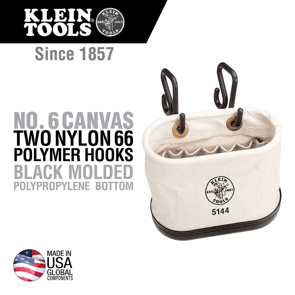 Klein Tools 5144 Canvas Aerial Oval Tool Bucket with Black Molded Polypropylene Bottom - 15 Pockets, Hooks & 3-in-1 Slotted Impact Socket (3/4 & 9/16-Inch) - Perfect for Electricians, Linemen & Construction Workers
