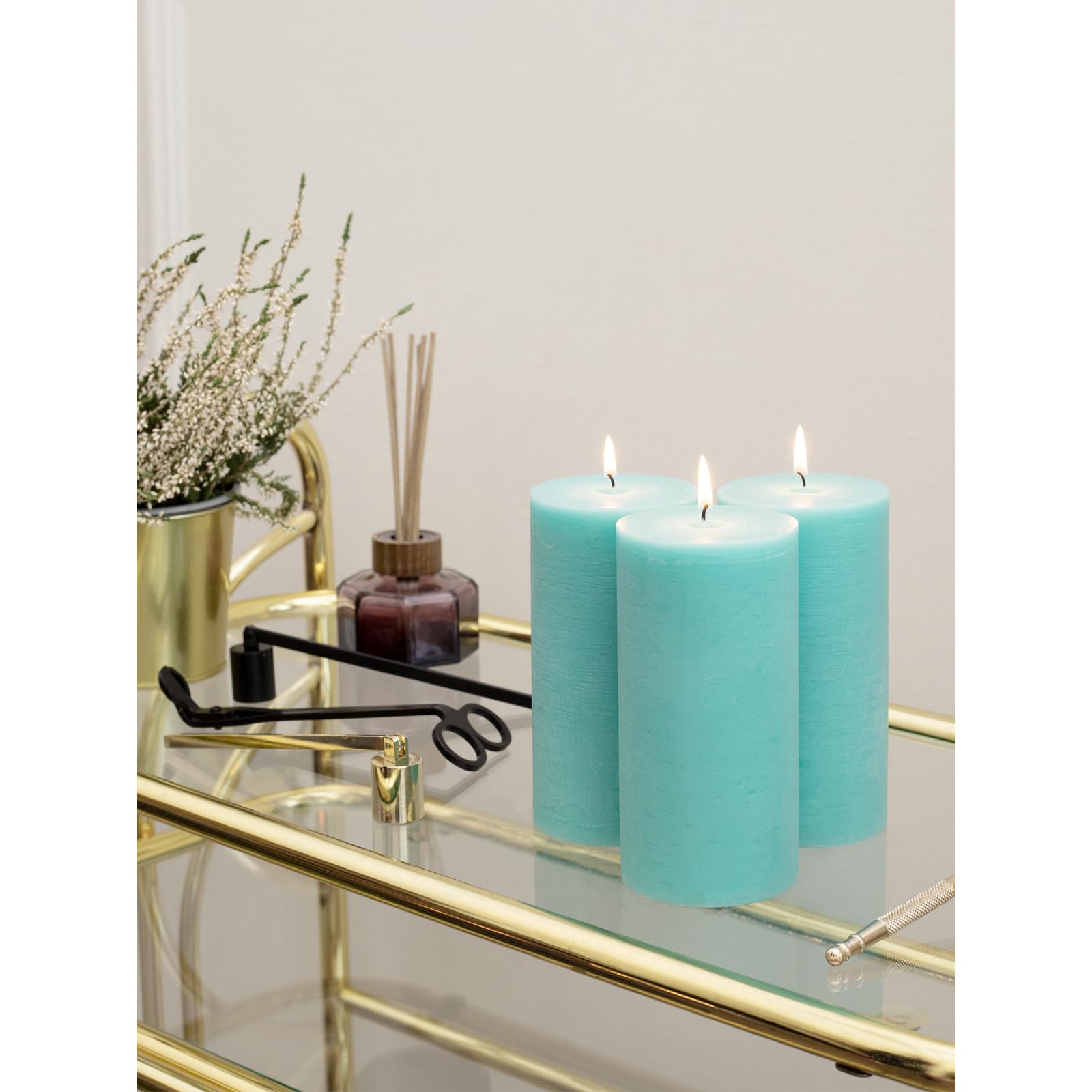 CANDWAX 3x6 Inch Pillar Candles Set of 3 - Unscented No Drip Decorative Rustic Candles for Weddings & Home Decor - Turquoise Blue Large Candles for Centerpieces, Fireplace Mantel, and Tabletop Displays