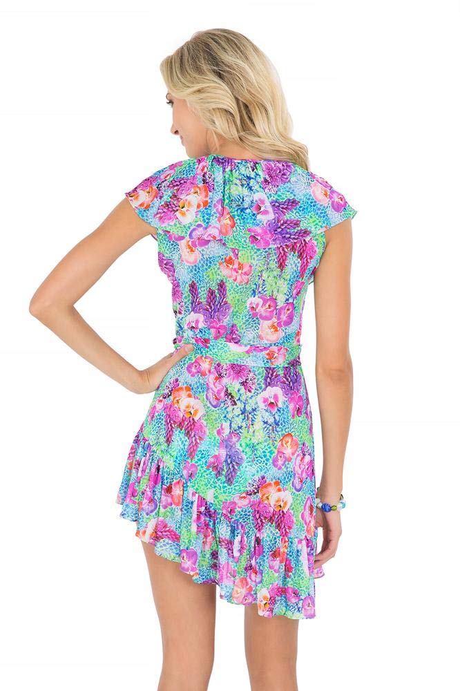 Luli Fama Women's Summer Floral Dress - Elegant Short Sleeve A-Line Dress for Beach, Party & Casual Wear