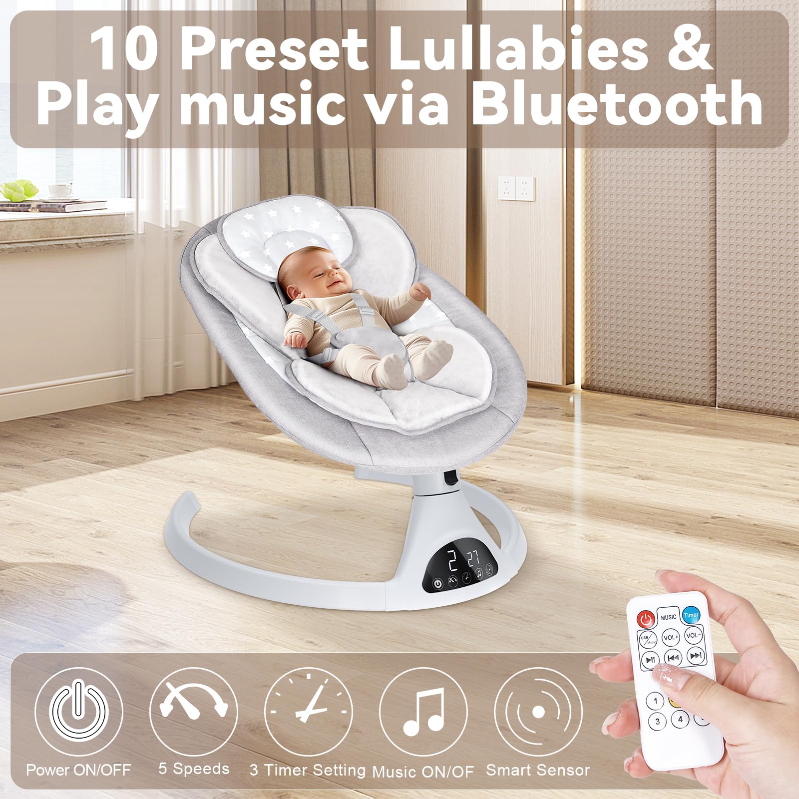 Omzer Electric Baby Swing for Infants - Bluetooth Enabled Remote Control with Music Speaker, Timer & 5 Speed Settings | Soothing Rocking Motion for Newborns to Toddlers | Perfect for Nursery, Daycare & Travel Use