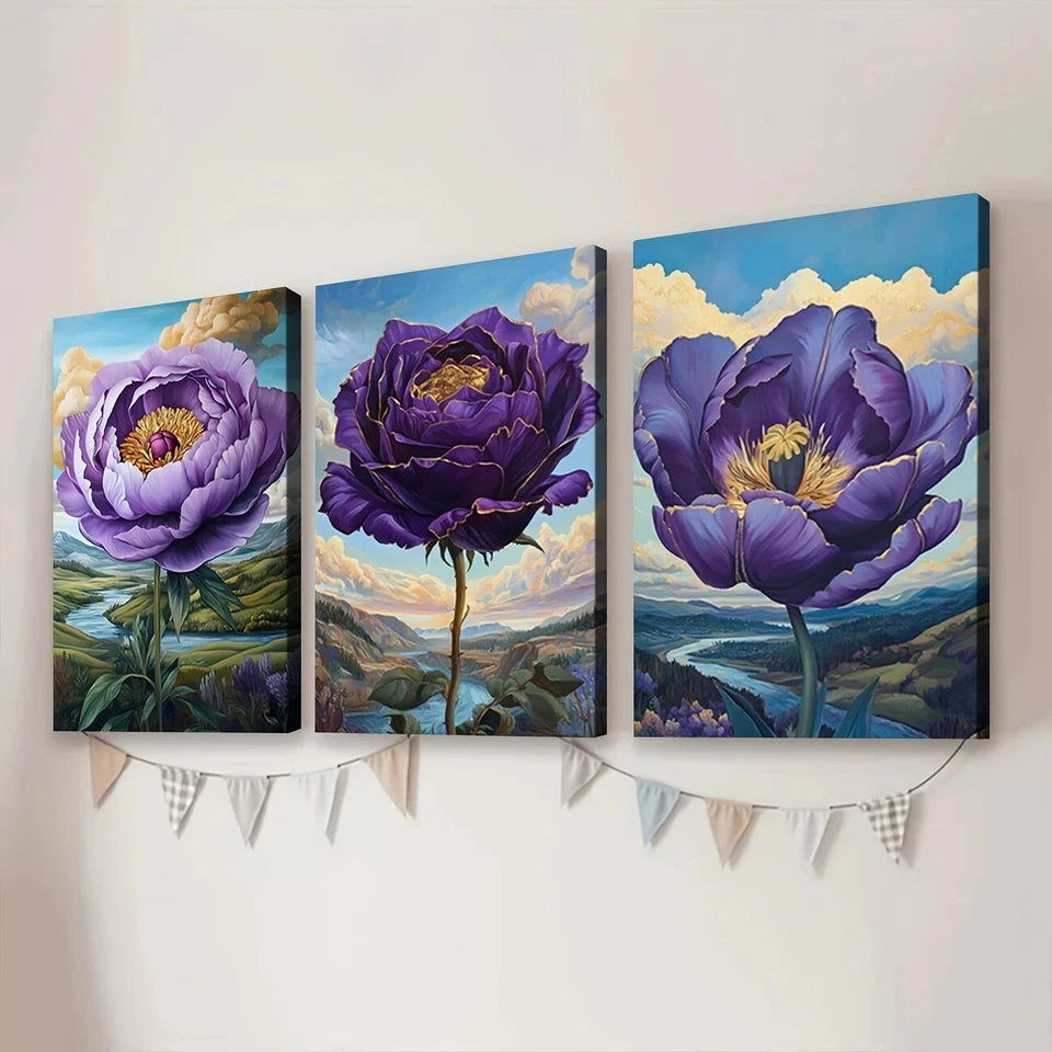 3-Piece Abstract Purple Flowers and Blue Sky Wall Art Set - Framed Canvas Prints 40x60cm (16x24in) - High Quality Australian Made Ready-to-Hang Home Decor for Living Room, Bedroom or Office