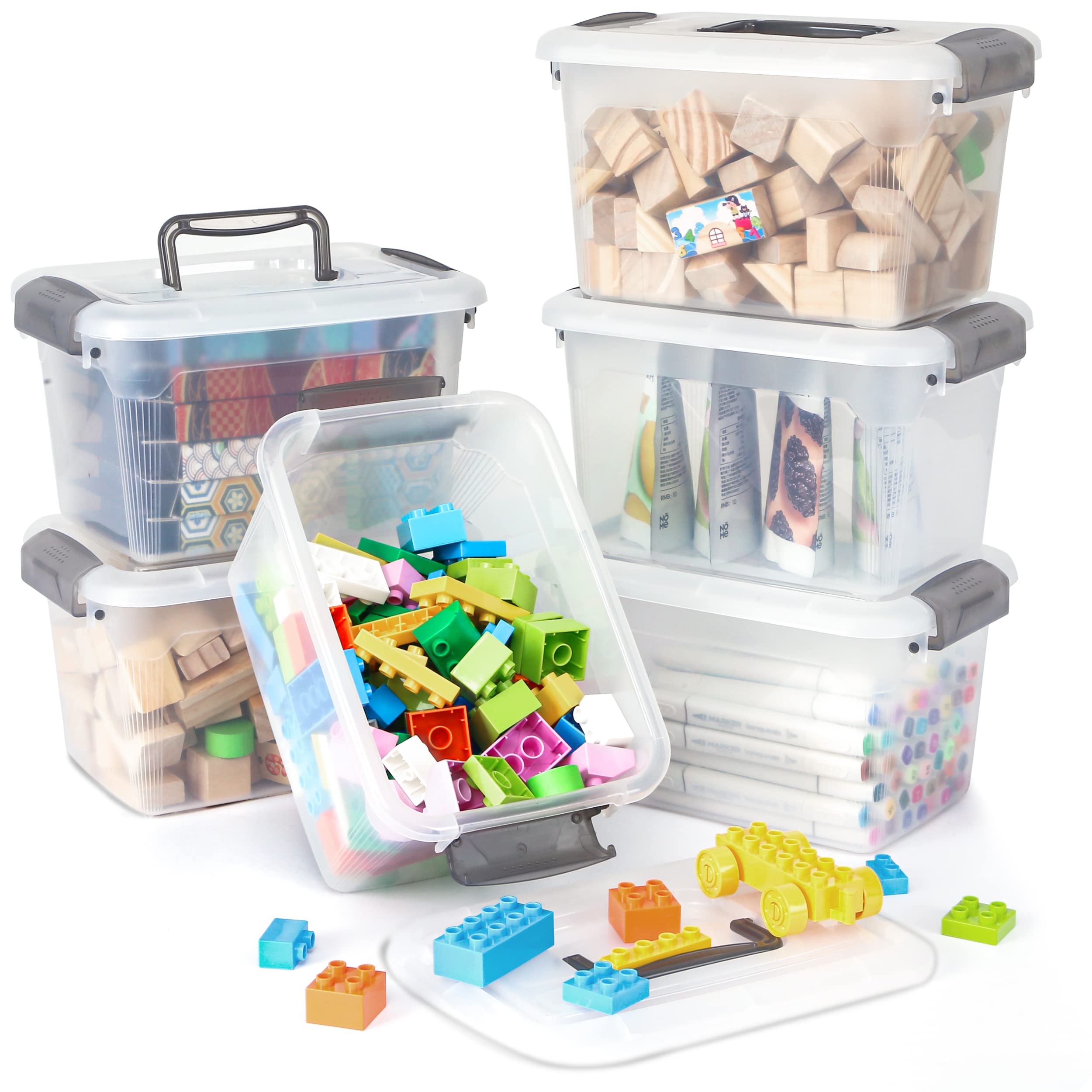 6-Pack Clear 6 QT Plastic Storage Bins with Lids & Gray Handles - Stackable Organizing Containers for Home, Office, Closet & Pantry Organization