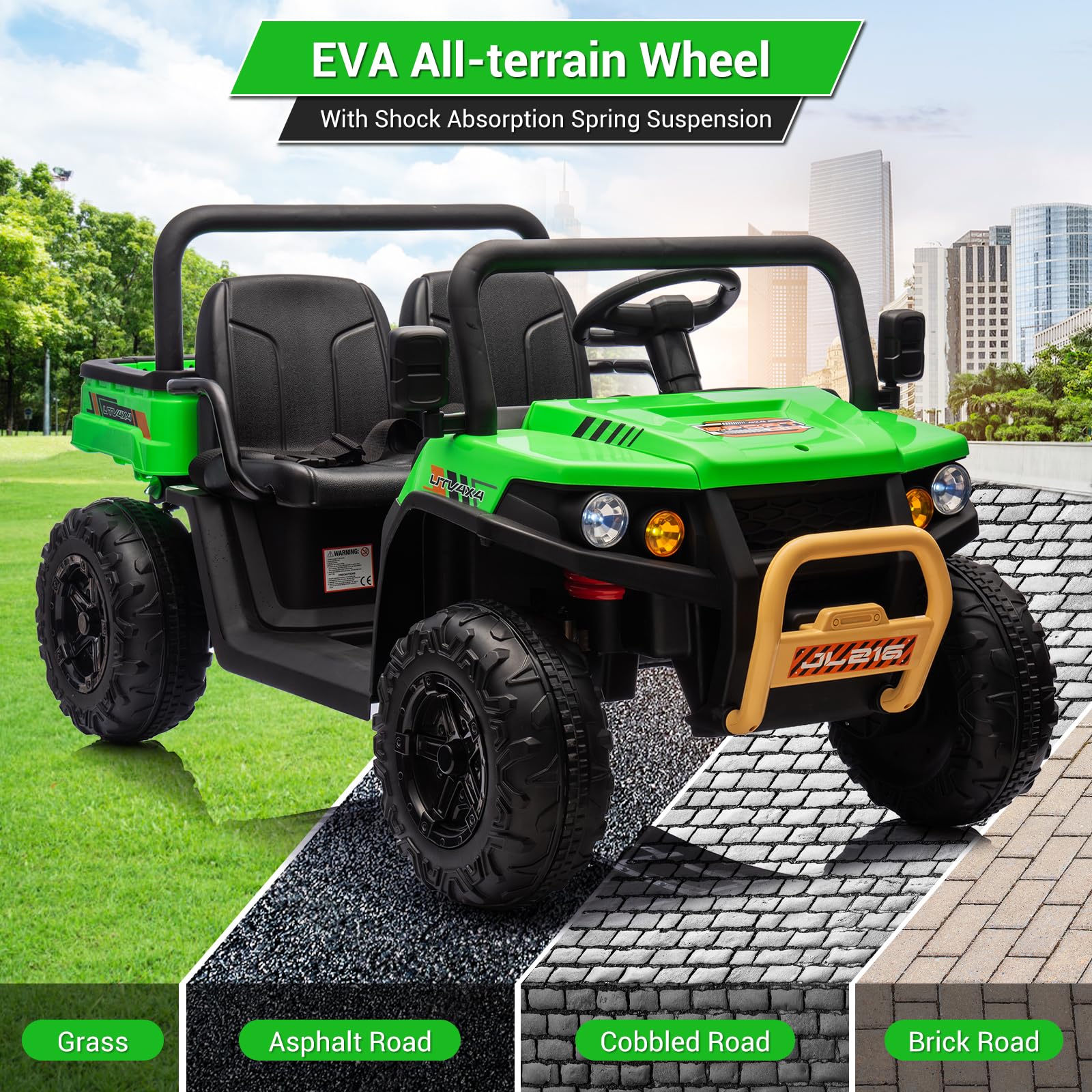 Hetoy 24V 2 Seater Electric Ride On Dump Truck with Remote Control - 4WD Battery Powered UTV Toy Car for Kids, Includes Shovel, Music, Bluetooth & LED Headlights - Perfect Outdoor Play Vehicle for Boys & Girls (Green)
