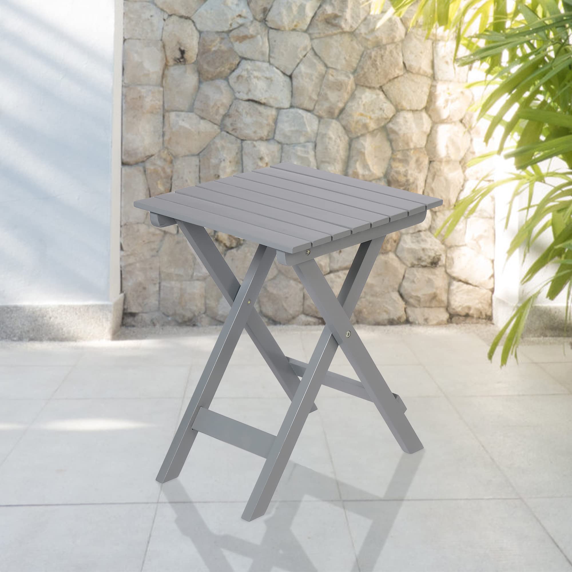 LUCKYERMORE Wooden Folding Square Side Table - Outdoor Patio Poolside End Table for Garden, Backyard, Balcony - Lightweight & Multifunctional Small Table (Grey) | Perfect for Drinks, Books, and Outdoor Relaxation