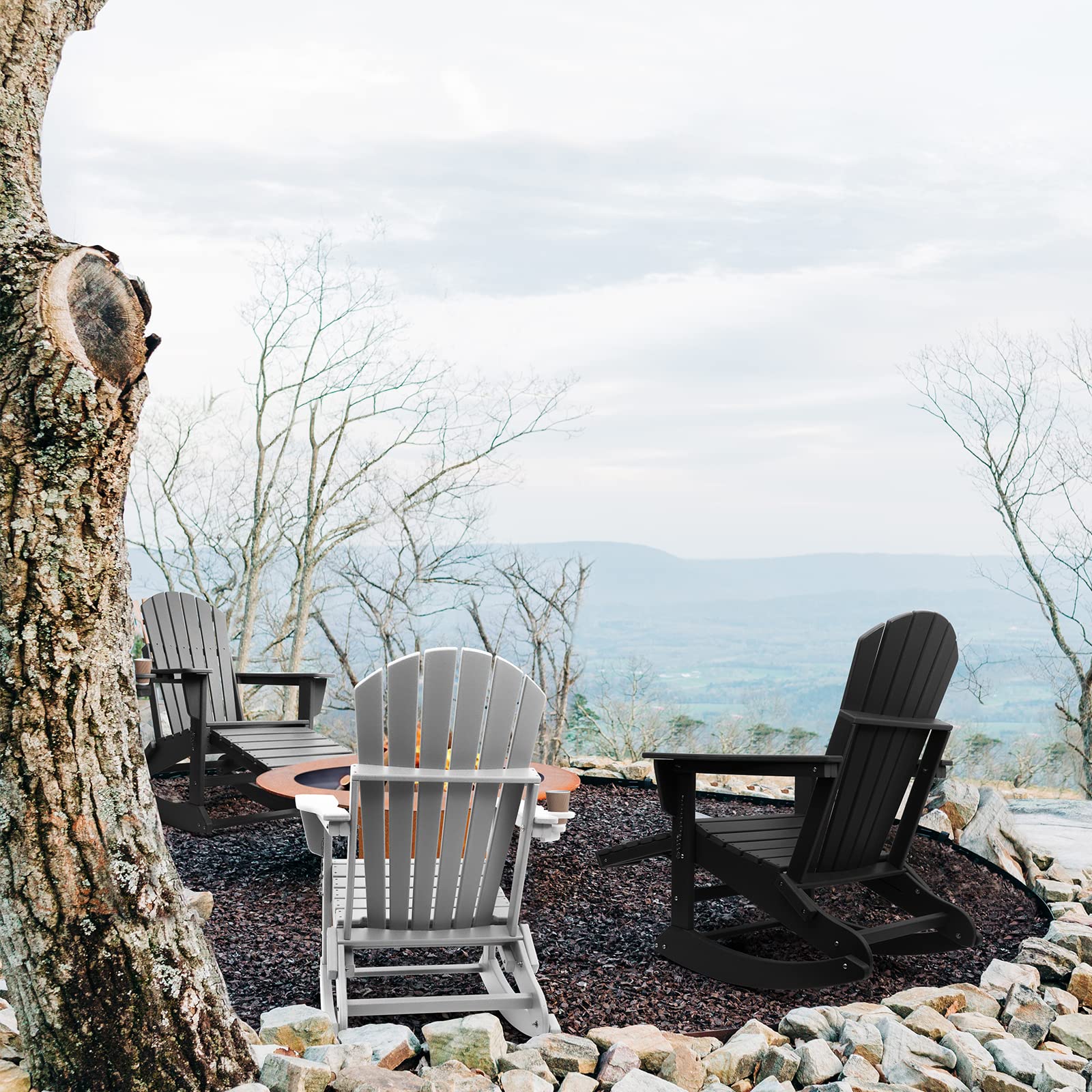 4-in-1 Folding Adirondack Chair with Ottoman & Cup Holder - 350 LBS Weight Capacity, Weather-Resistant Plastic Outdoor Rocking Chair for Adults - Perfect for Patio, Garden, Poolside & Fire Pit Relaxation