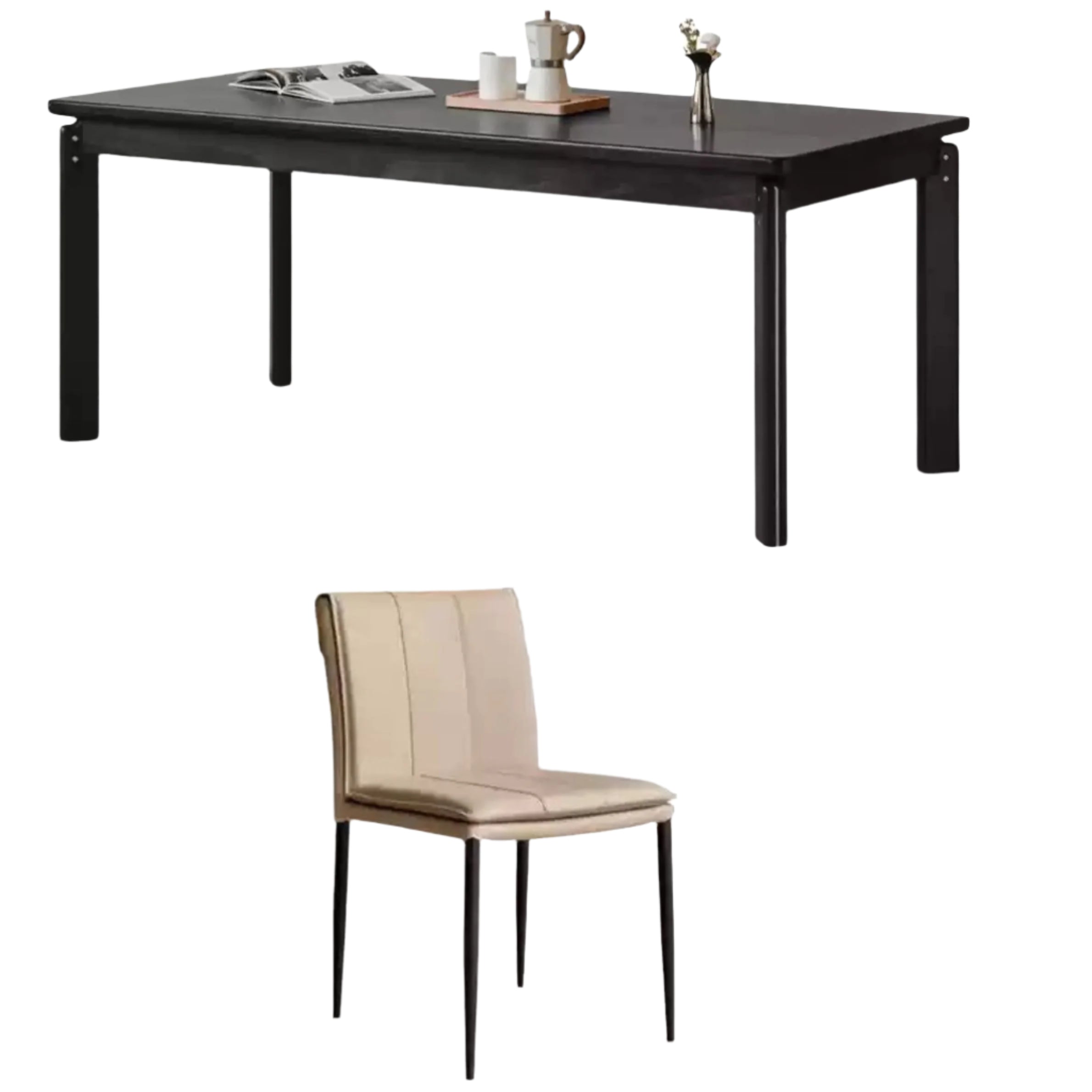 70.9x 33.5x29.9 inch  /180x85x75 сm /Black Color  / Dining table+ four organic leather chairs in milk tea color