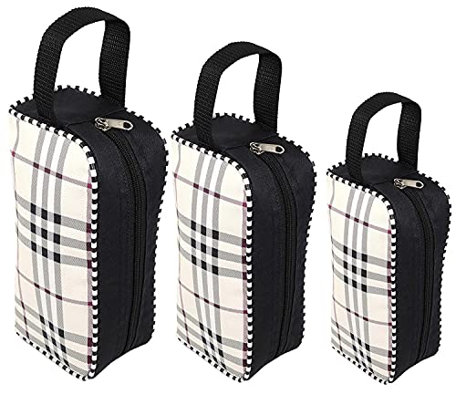 PRISMAXIC 3-Piece Travel Toiletry Bag Set - Cosmetic & Stationary Organizer for Makeup, Shaving, Pens | Ivory/Black Checks Design
