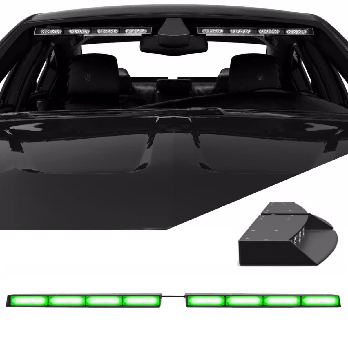 Raptor-X TIR Interior Upper Windshield LED Strobe Light Bar - Emergency Vehicle & Police Lights with Cigarette Lighter Plug Controller (Green/Green) - Perfect for Roadside Assistance, Security Patrols & Emergency Response