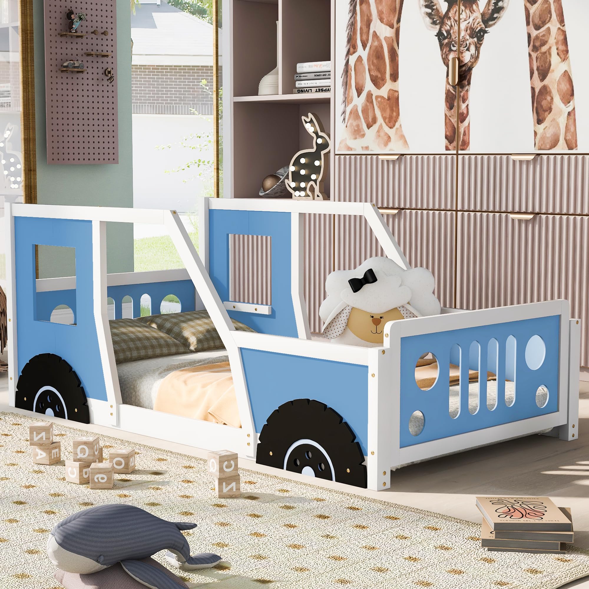 Wooden Twin Size Car-Shaped Floor Bed with Wheels, Doors & Windows - Sturdy Slat Support Platform Bed for Kids Boys & Girls (Blue) - Perfect for Playrooms, Bedrooms & Themed Kids' Spaces