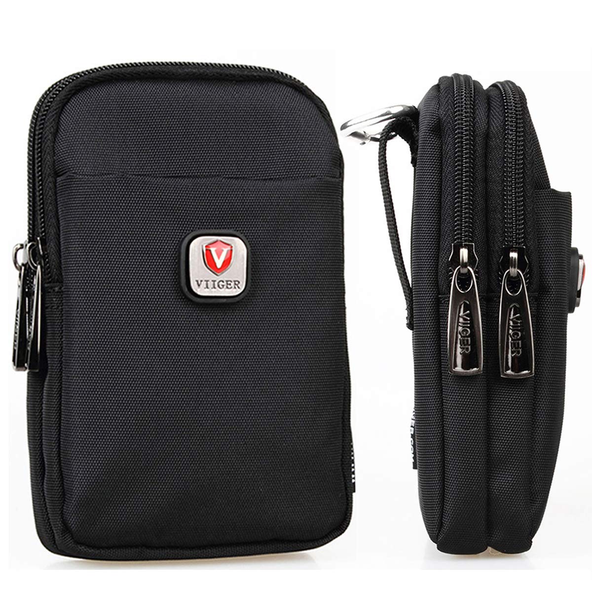 VIIGER Nylon Dual Phone Holster Belt Pouch - Compatible with iPhone 15 Pro Max/16 Pro/S24 - 2 Zipper Pockets & Clip - Black - Perfect for Outdoor Activities, Work & Travel