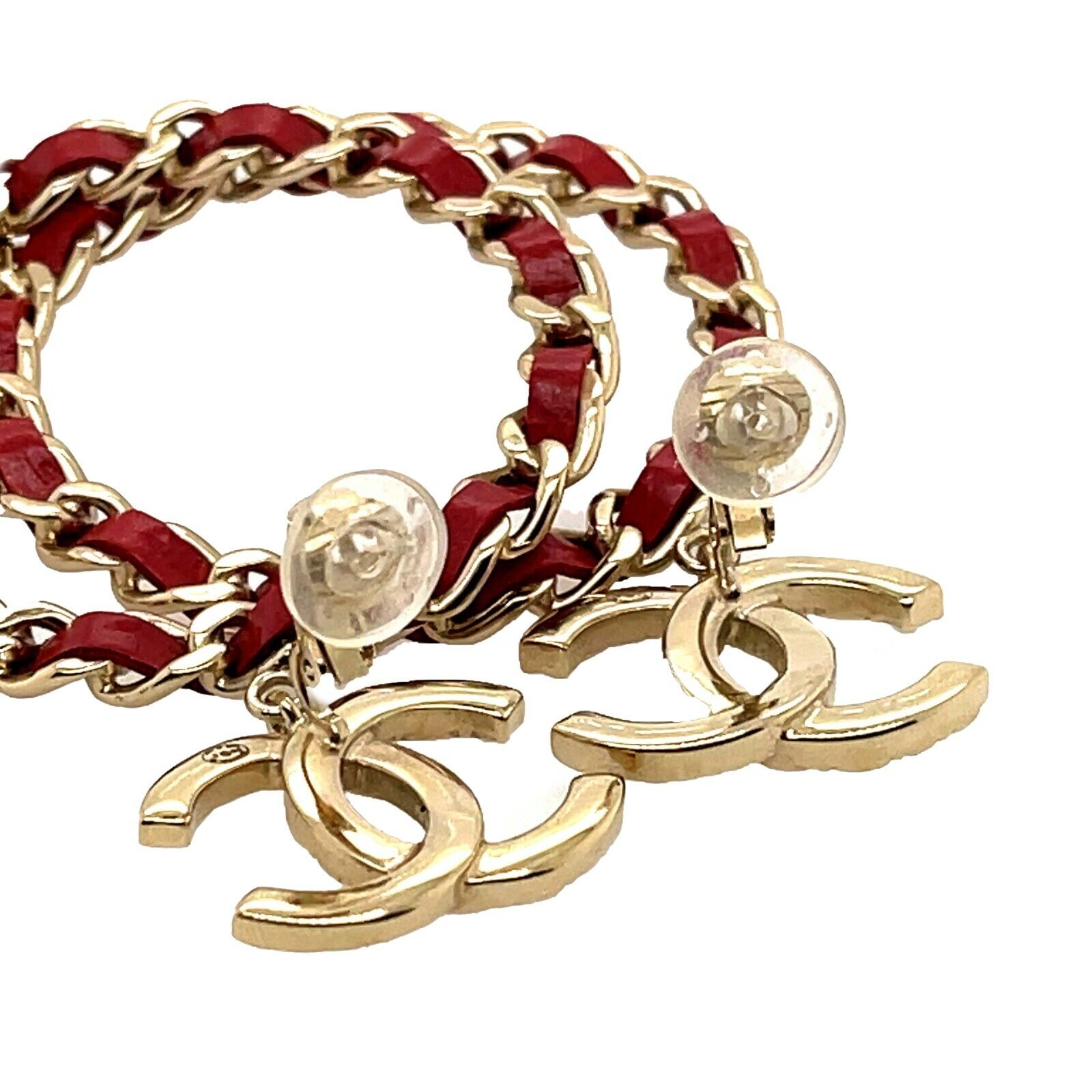 CHANEL 19K CC Chain Hoop Clip-On Earrings in Champagne Gold & Quilted Red - Luxury Fashion Jewelry for Women, Perfect for Parties, Weddings & Special Occasions