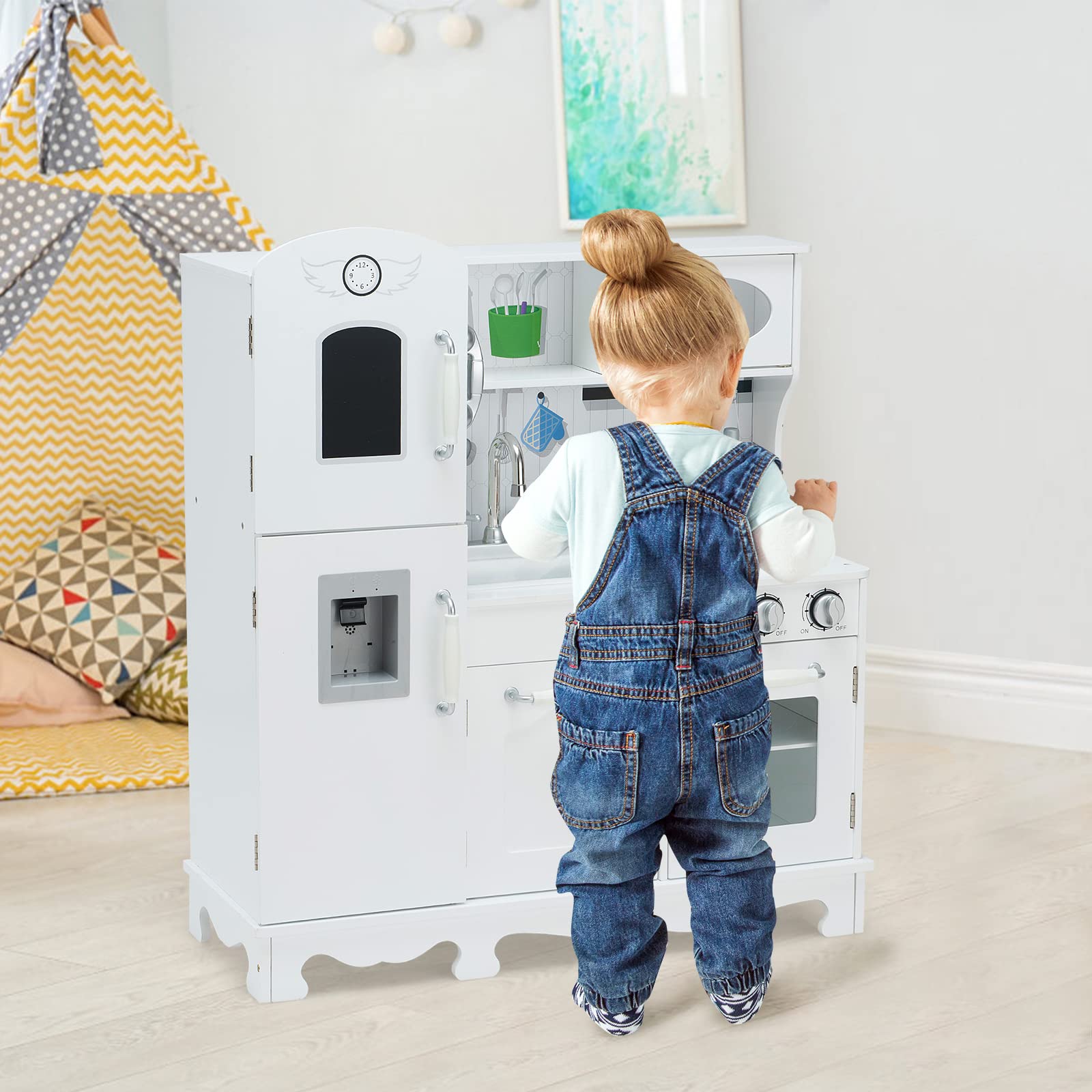 ARLIME Kids Wooden Kitchen Playset with Simulated Sound, Sink, Stovetop, Microwave & Refrigerator - Pretend Play Kitchen Toy for Toddlers, Boys & Girls - Perfect Gift for Home, Preschool & Daycare