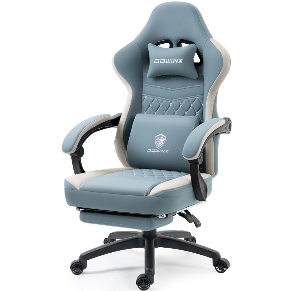 Dowinx Ergonomic Gaming Chair - Breathable Fabric Office Chair with Pocket Spring Cushion & Gel Pad, Adjustable Footrest & Storage Bag - Blue Computer Chair for Gamers & Home Office Use