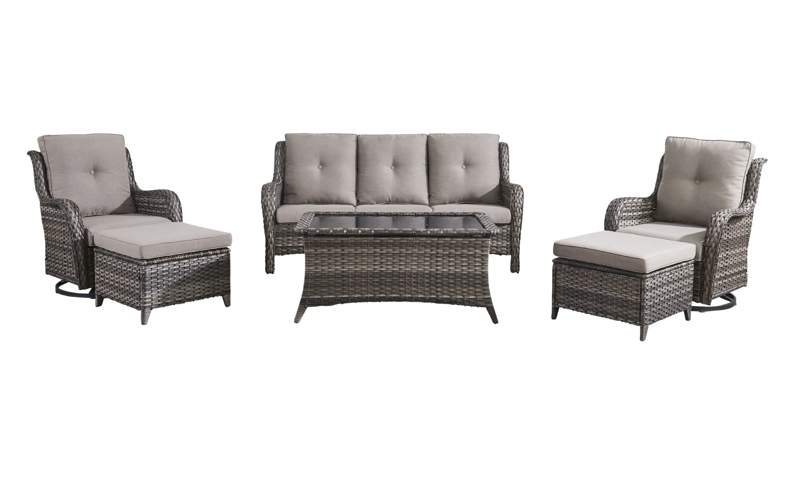HUMMUH 6-Piece Outdoor Patio Furniture Set - Wicker Sectional Sofa with Swivel Rocking Chairs, Ottoman & Coffee Table - Perfect for Backyard, Garden & Poolside Relaxation