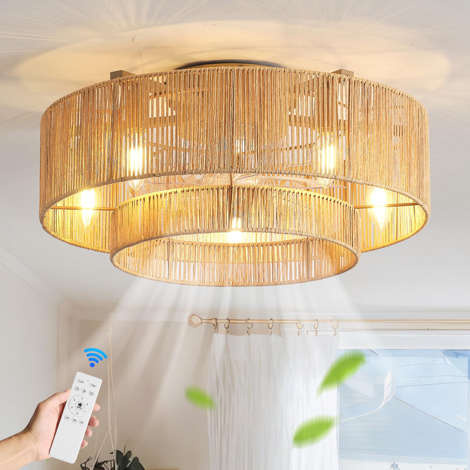 20 Inch Boho Caged Ceiling Fan with Light - Flush Mount Rattan Ceiling Fan with Remote Control, 6 Speed Reversible Motor, E12 Base - Perfect for Bedroom, Living Room, Nursery & Indoor Spaces - Creates Tropical Vibes & Gentle Breeze for Relaxation
