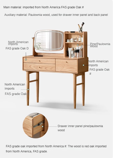 Solid Oak & Ash Wood Dressing Table with LED Lighted Makeup Mirror - Perfect for Bedroom Vanity, Makeup Application & Home Decor