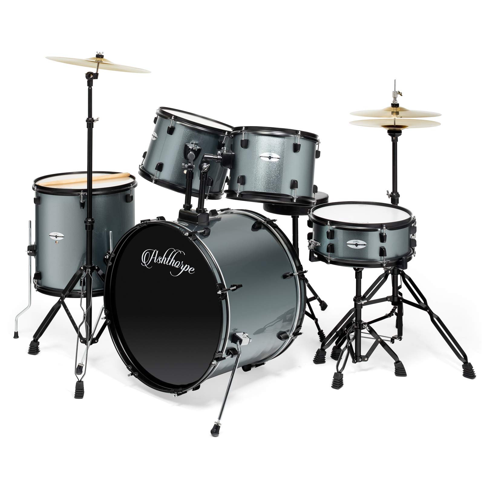 Ashthorpe 5-Piece Full Size Adult Drum Set with Remo Batter Heads - Silver | Professional Drum Kit for Beginners & Advanced Players | Perfect for Home Practice, Studio Recording & Live Performances