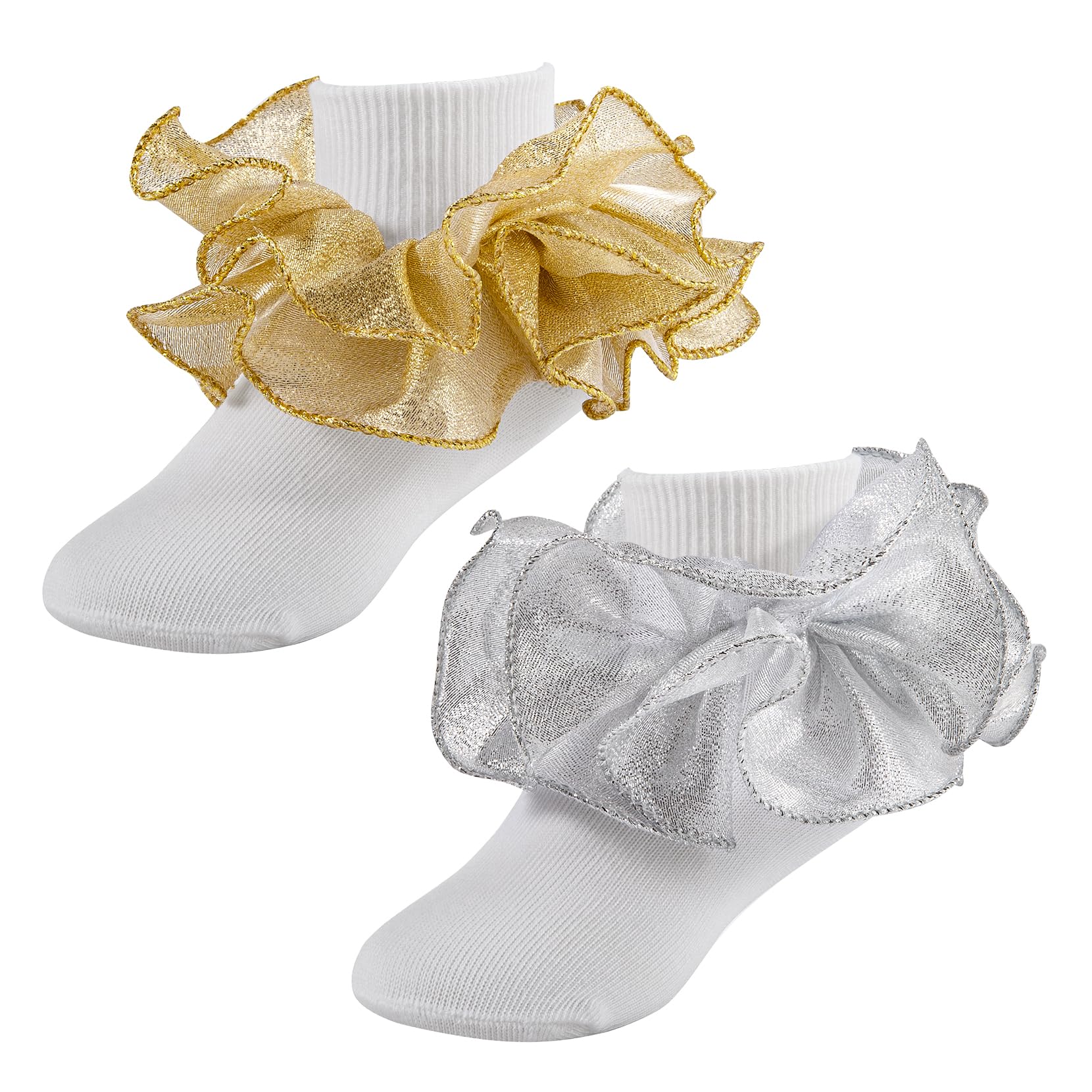 Big Ruffle Socks for Girls - Lace Frilly Dress Socks with Turn Cuff in White & Gold | Princess Style Kids Socks for Parties, Dresses & Special Occasions