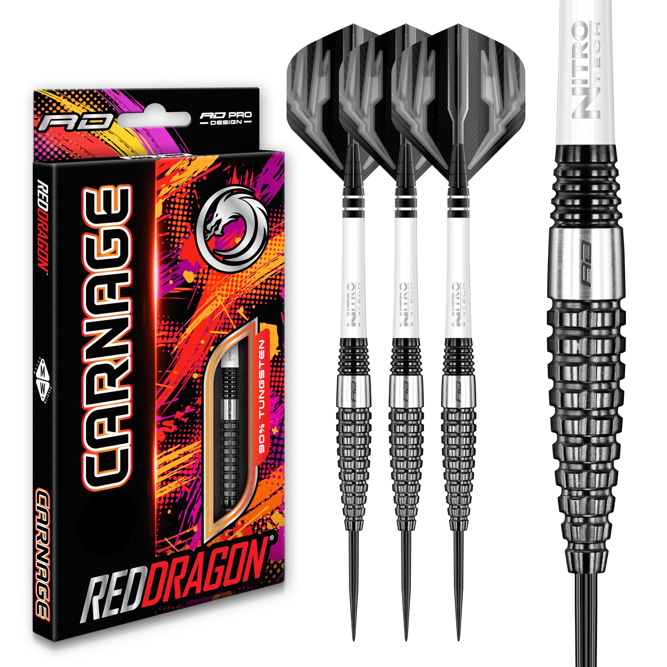Red Dragon Carnage 3 & 4 Tungsten Steel Darts Set - 90% Tungsten, Includes Flights, Shafts, Wallet & Checkout Card - Perfect for Professional Darts Tournaments & Home Practice