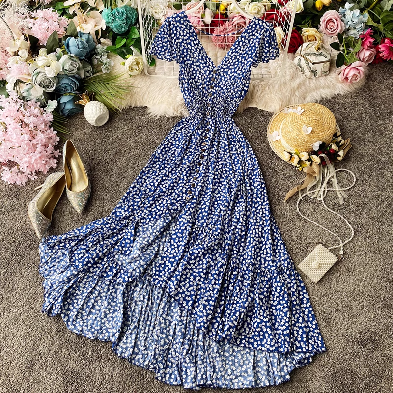 Elegant Fairy Floral Print Maxi Dress with Open Back & Pleated Skirt - Perfect for Summer Weddings, Beach Vacations & Boho Fashion