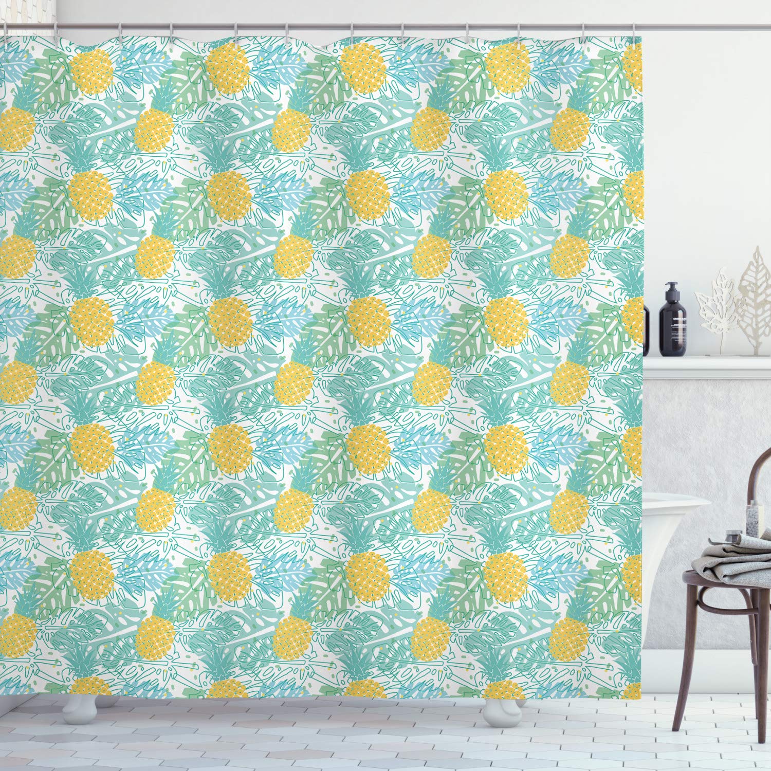 Ambesonne Tropical Luau Shower Curtain - Pineapple & Leaf Print Fabric Bathroom Decor Set with Hooks, 69x70 Inches, White Seafoam & Mustard - Perfect for Beach Theme Bathrooms, Hawaiian Party Decor, Summer Home Decor