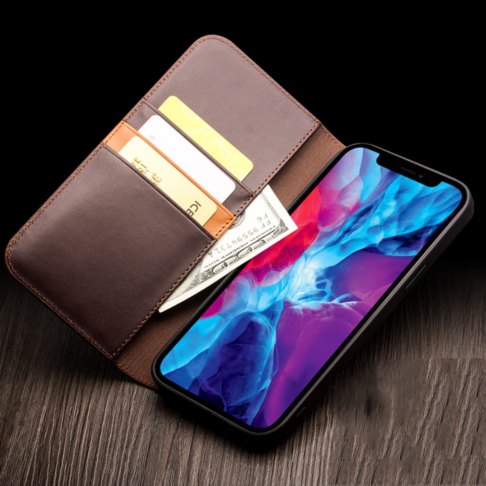 Genuine Leather Wallet Case for iPhone 13/13 Pro/13 Pro Max - Shockproof TPU Cover with Card Slots & Viewing Stand | Black | 6.1