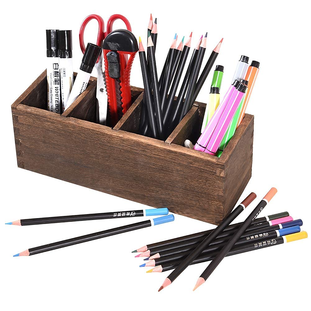 Wooden Desk Organizer with 4 Adjustable Compartments - Pencil Holder, Pen Stand & Office Supplies Organizer for Home Office, School, and Workspace - Perfect for Organizing Pens, Pencils, Remote Controls and Stationery