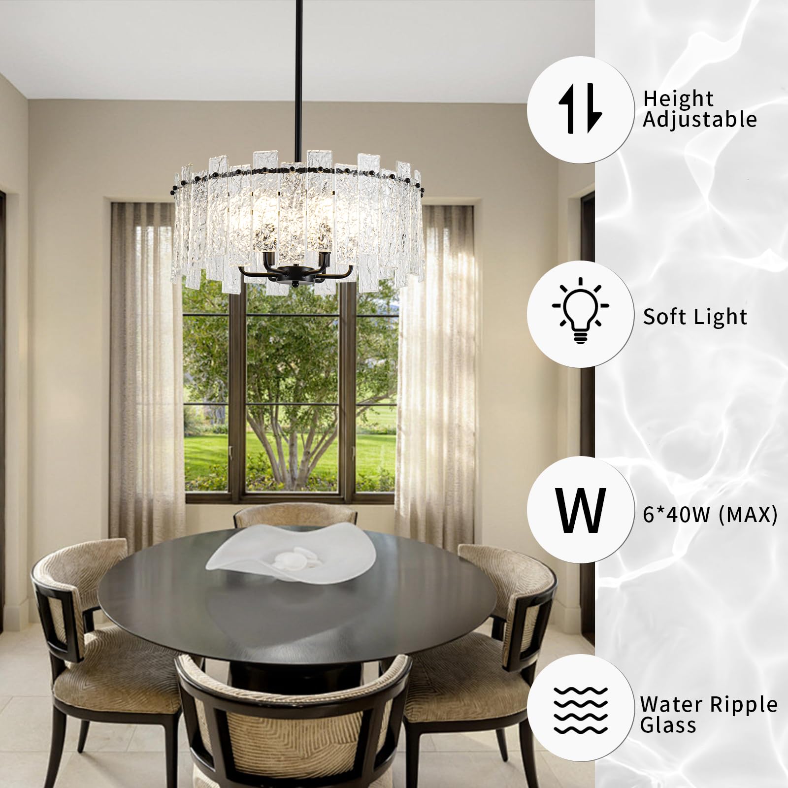 Modern Crystal Chandelier - 6-Light Luxury Water Ripple Glass Round Ceiling Light Fixture for Dining Room, Living Room, Bedroom & Kitchen Island | Elegant Home Lighting Decor for Weddings, Restaurants & Luxury Interiors