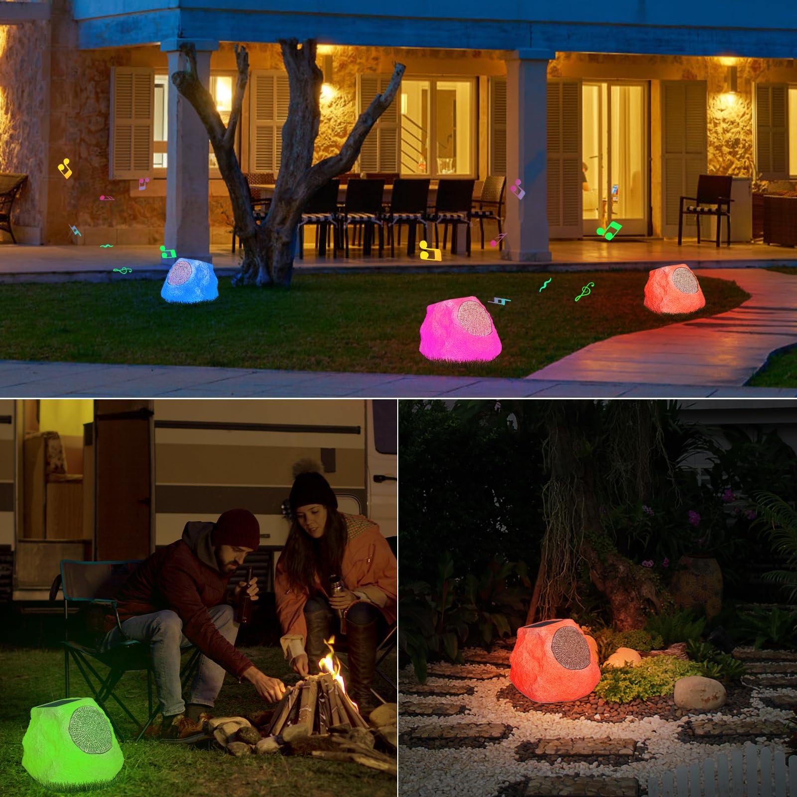 Waterproof Solar Bluetooth 5.0 Rock Speaker - Wireless Portable Outdoor Speaker with 7 Color LED Lights, Rechargeable Battery - Perfect for Patio, Backyard, Poolside, Garden, Camping (2 Pack)