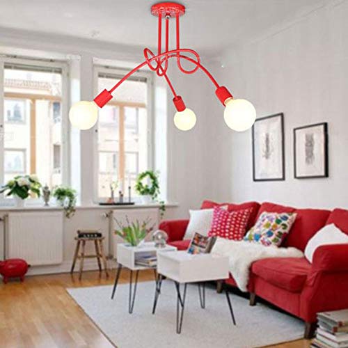 Modern Cute Simple Design 3-Light Ceiling Chandelier for Bedroom, Kids Room & Study Room - Metal Fixture with Red Shades | Perfect for Girls' & Boys' Rooms, Dorm Decor & Cozy Reading Spaces