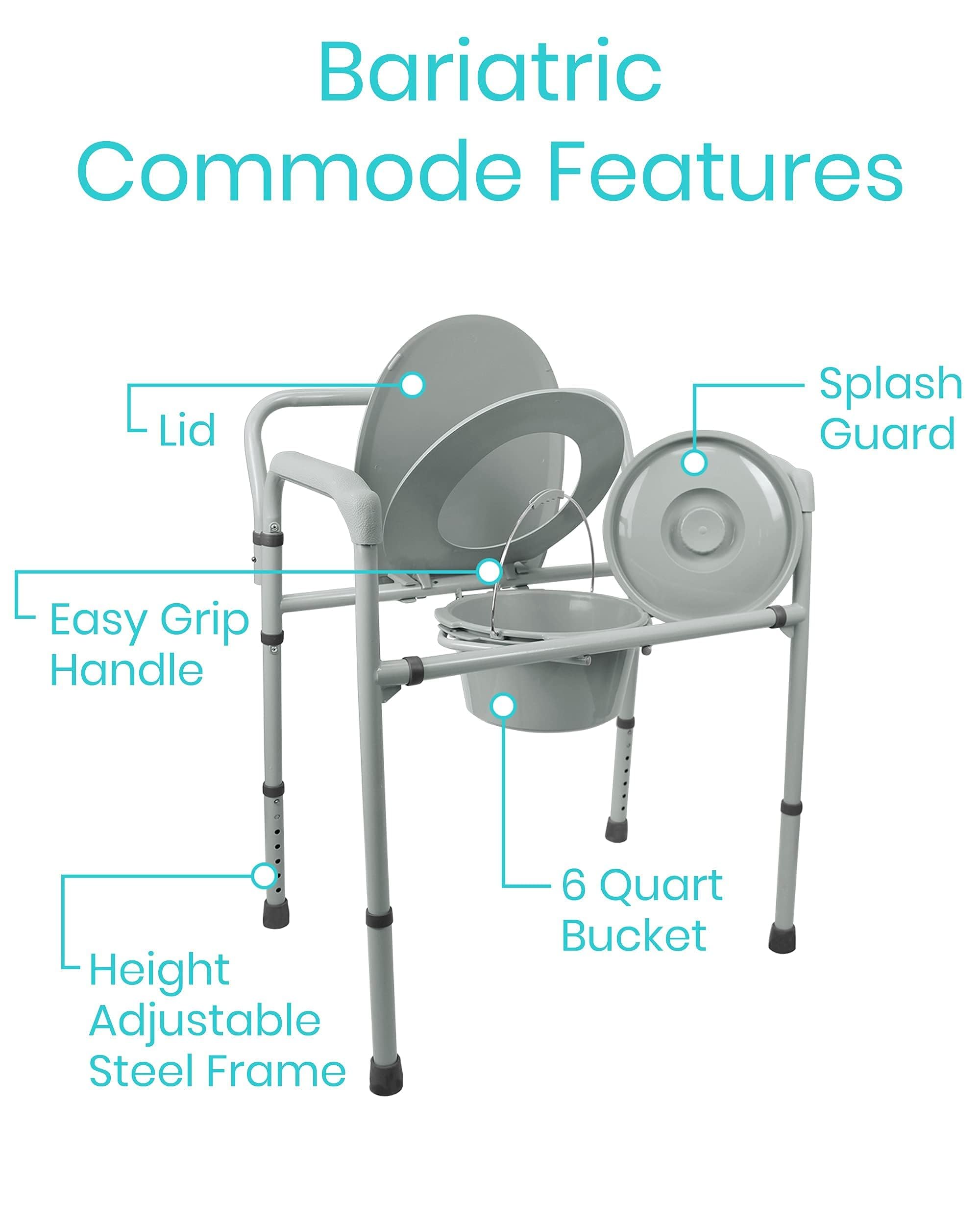 Vive Bariatric Bedside Commode 500 lb Capacity - Heavy Duty Folding 3-in-1 Toilet Chair with Extra Wide Seat, Splash Guard & Non-Slip Base | Portable Commode for Elderly & Disabled | Fits Standard Disposable Liners | Ideal for Home Care, Hospitals & Travel Use