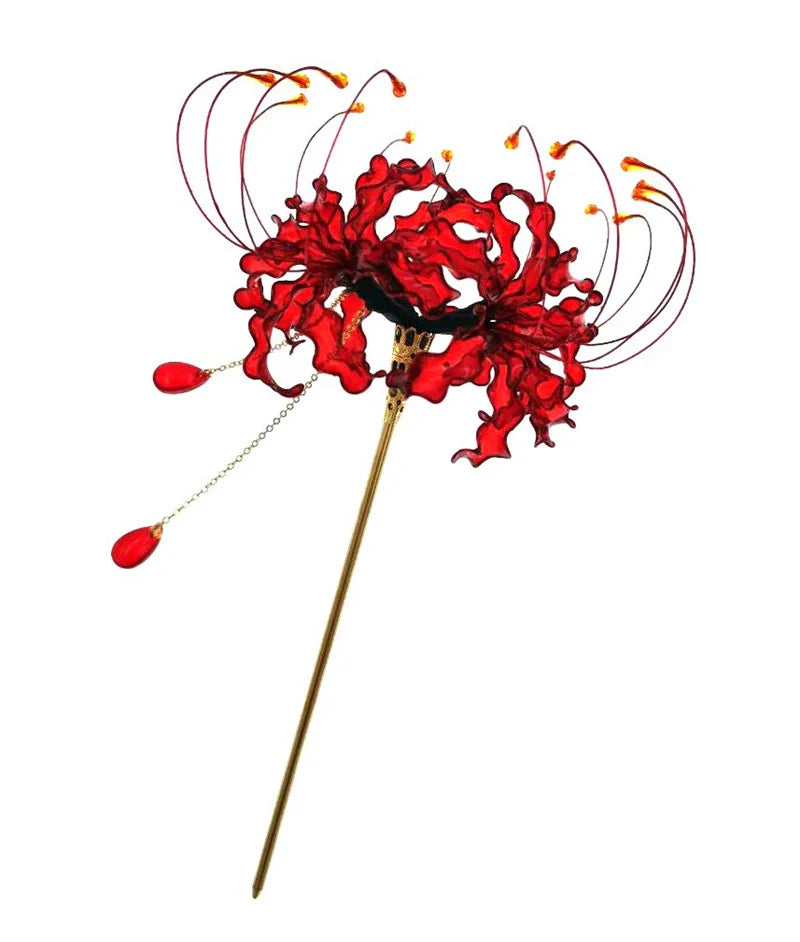 Handmade Lycoris Radiata Flower Hairpin - Japanese Kanzashi Hair Stick for Kimono, Cosplay & Traditional Hairstyles - Elegant Hair Accessory for Women & Girls - Perfect for Weddings, Tea Ceremonies & Cultural Events