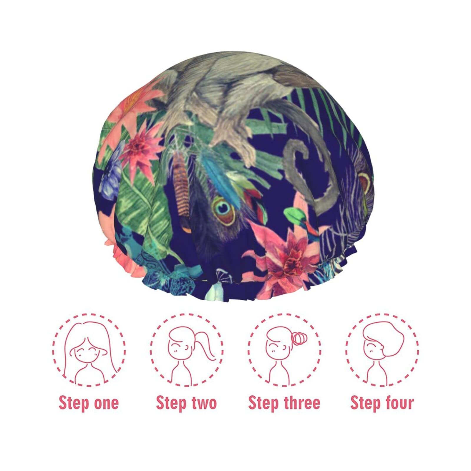 Waterproof Reusable Shower Cap for Women - Cute Monkey Peacock Design Bath Hair Cap for Shower & Bathing | Perfect for Spa, Swimming & Hair Care Routines