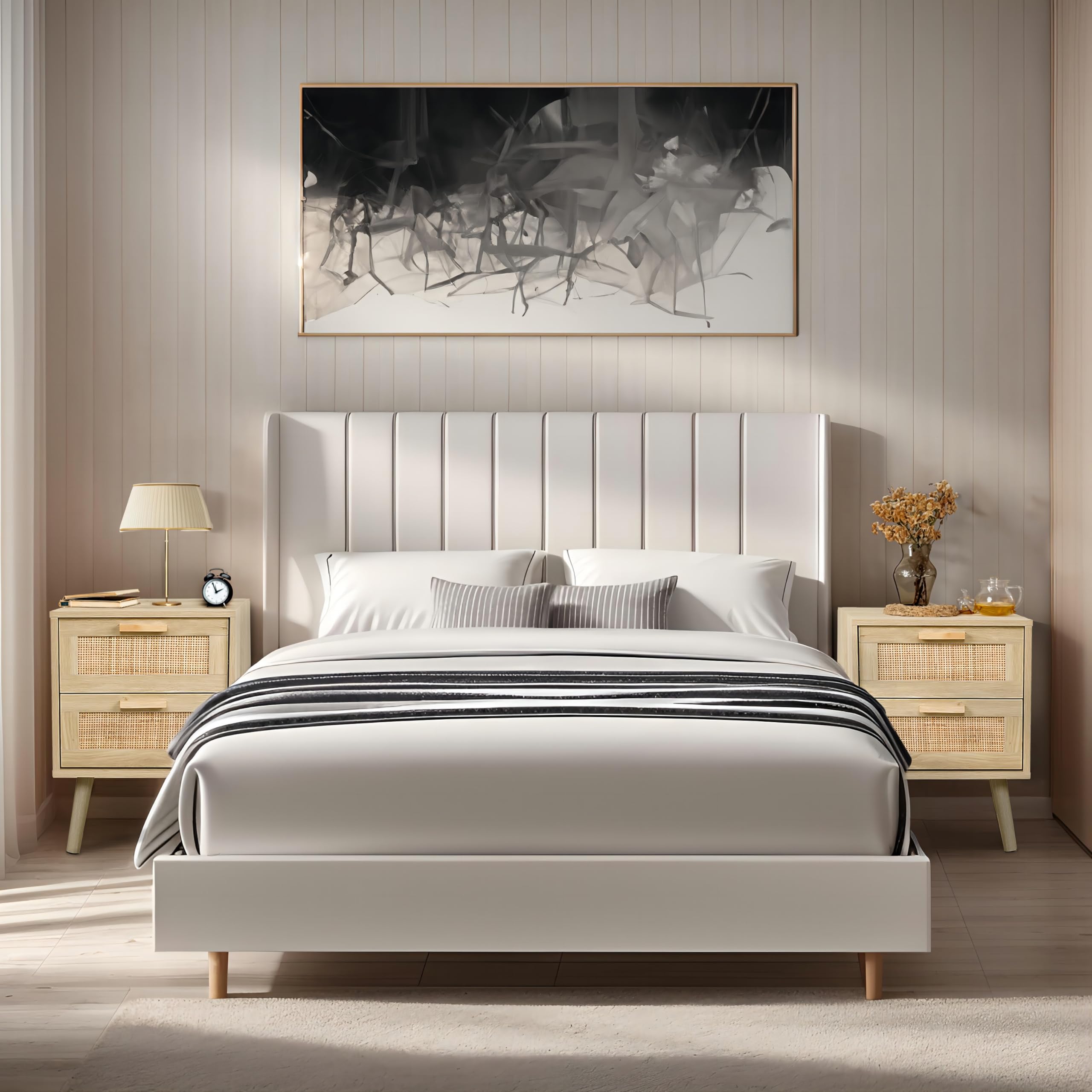 Finnhomy Nightstand Set of 2 - Handmade Rattan Drawer Side Tables with Wood Accent, Natural Bedroom End Tables with Storage | Perfect for Bedroom, Living Room & Guest Room Decor