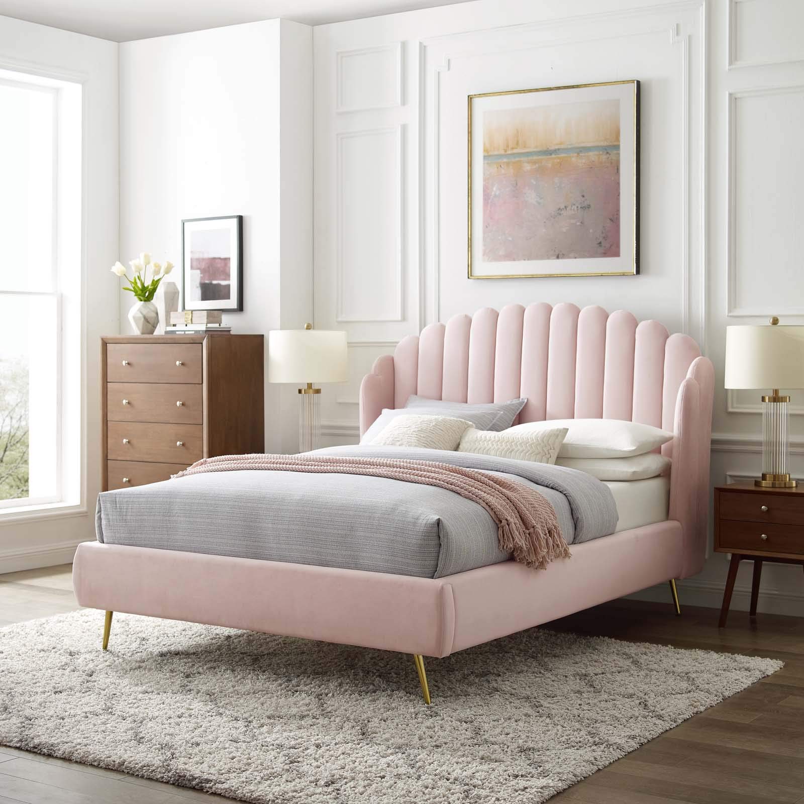 Modway Lana Queen Size Platform Bed Frame in Pink - Modern Minimalist Bedroom Furniture for Small Spaces & Studio Apartments