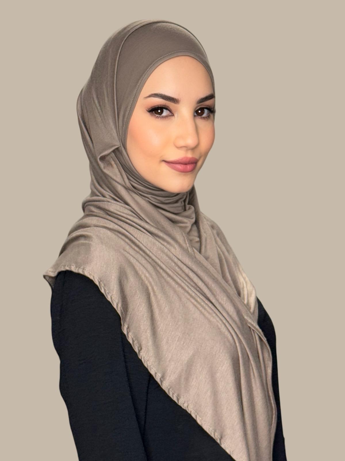 Pre-Sewn Jersey Hijab in Sandstone Color - Soft & Comfortable Muslim Headscarf for Daily Wear & Prayer