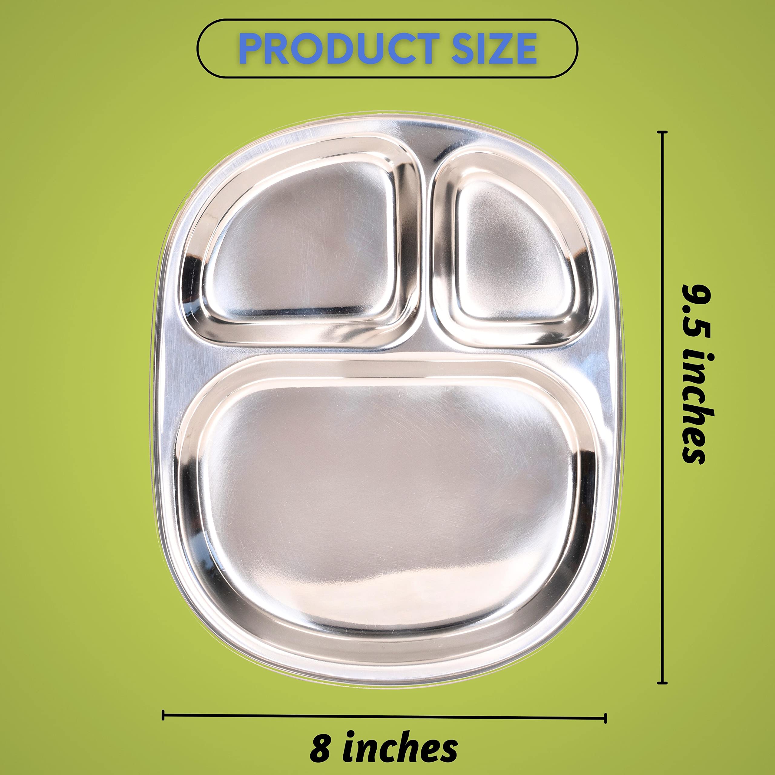 Stainless Steel Divided Plate - 3 Compartment Oval Tray for Kids & Adults | Non-Toxic Baby Dishes, Toddler Plates | Dishwasher Safe Dinnerware | Perfect for Home, School Lunch, Camping & Picnics (Medium Size)