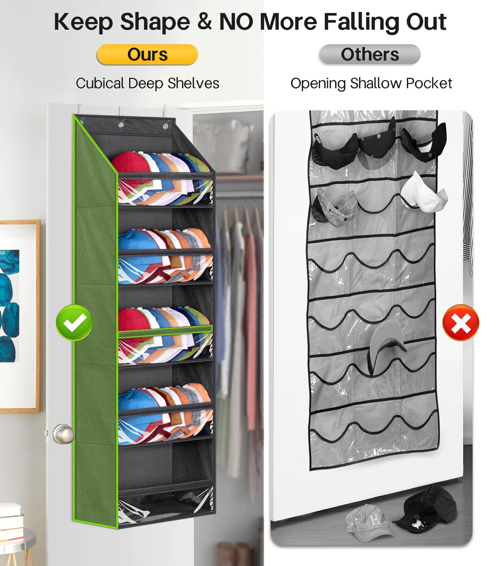 Over Door Baseball Cap Organizer - SLEEPING LAMB Clear Deep Pocket Hat Rack for Closet or Wall, Holds 60 Hats with 3 Hooks, Black - Perfect for Bedroom, Entryway & Dorm Storage Solutions