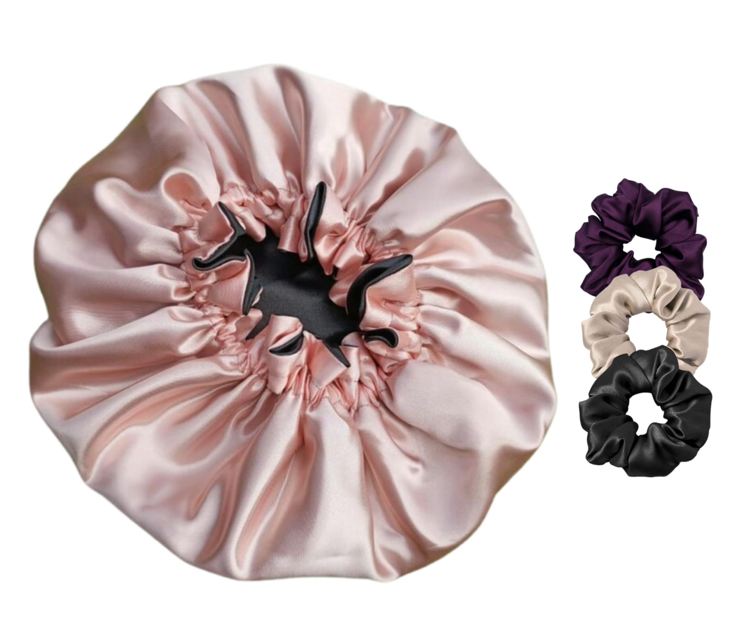 Atrube Pure Satin Bonnet for Natural Hair - Silk Sleeping Cap with Scrunchies & Travel Pouch (Dark Colors) - Perfect for Nighttime Hair Protection & Travel Accessories