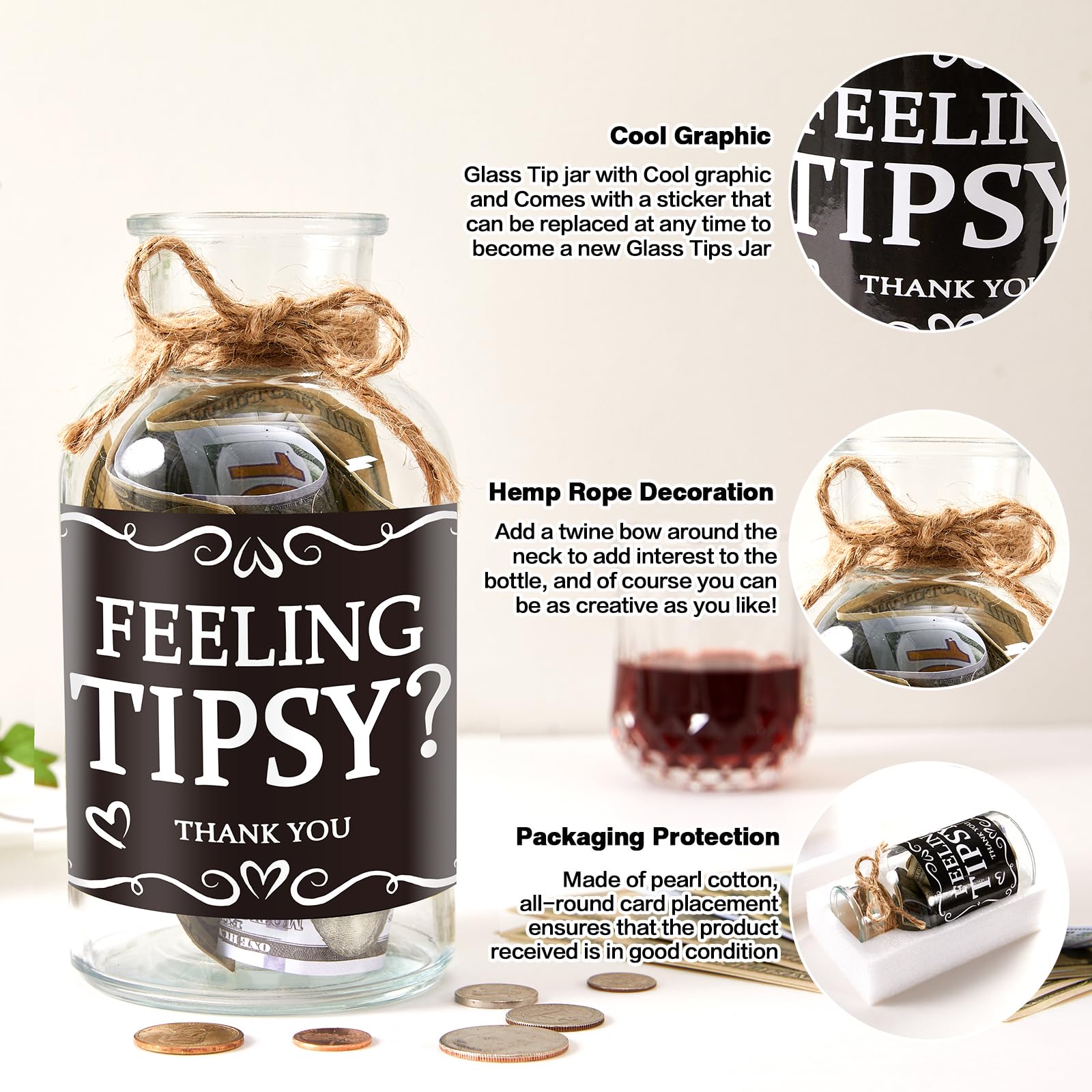 Glass Tip Jar for Money - Ideal for Bartenders, Bars, Restaurants & Musicians - Clear Tip Collection Box with Lid - Perfect for Countertop Tips, Events & Cash Gifts