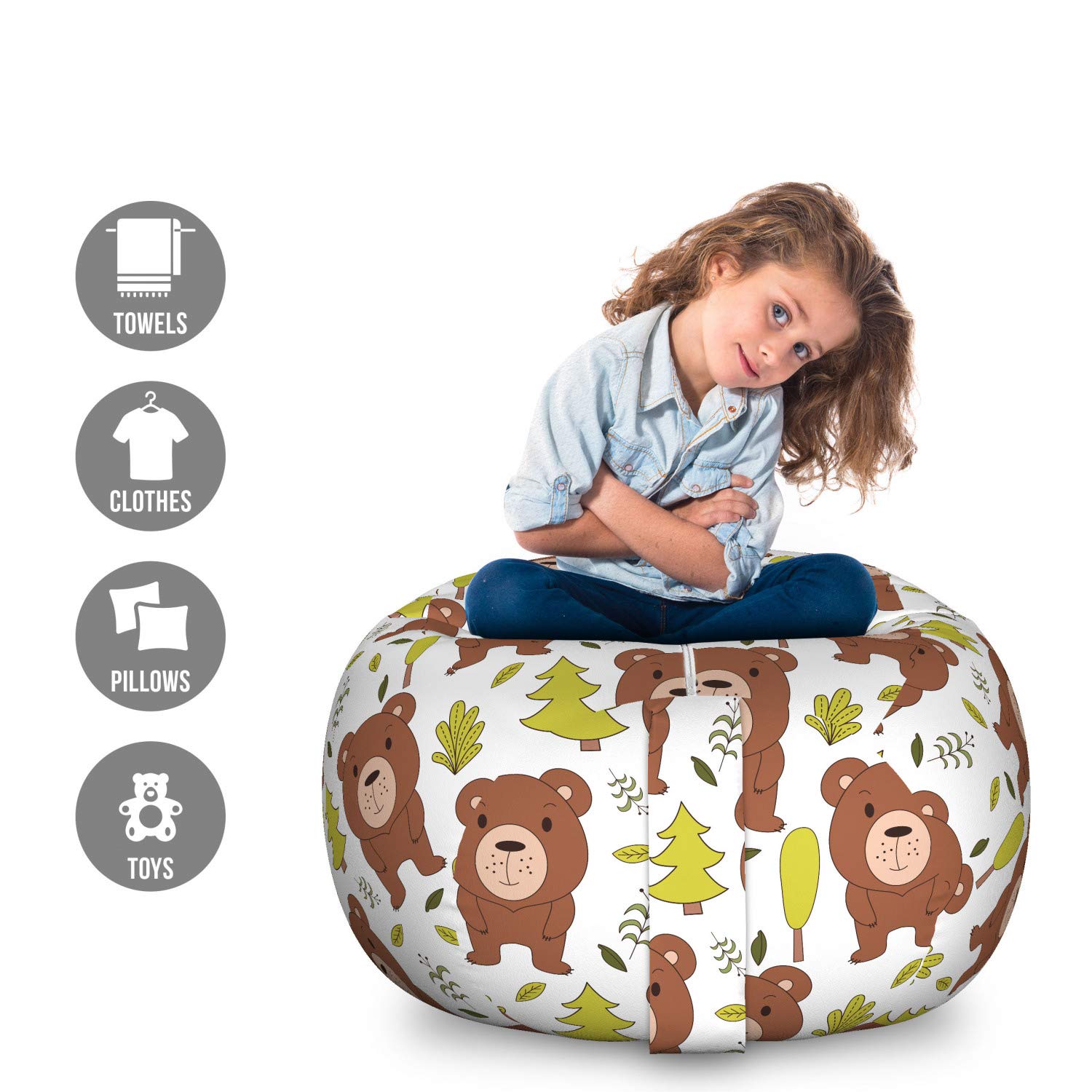 Ambesonne Forest Friends Storage Toy Bag Chair - Bear & Leaves Pattern, Washable Stuffed Animal Organizer, Large Size (Redwood/Yellow/Green) - Perfect for Kids' Room, Playroom & Nursery Organization
