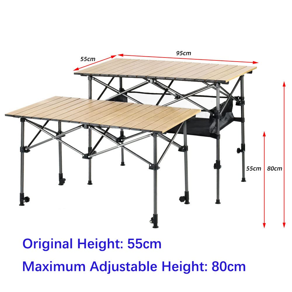 Portable Adjustable Height Folding Aluminum Camping Table with Storage Bag - Lightweight Picnic Table for BBQ, Beach, Party, Backyard, Hiking & Outdoor Adventures (Wood Grain Design)