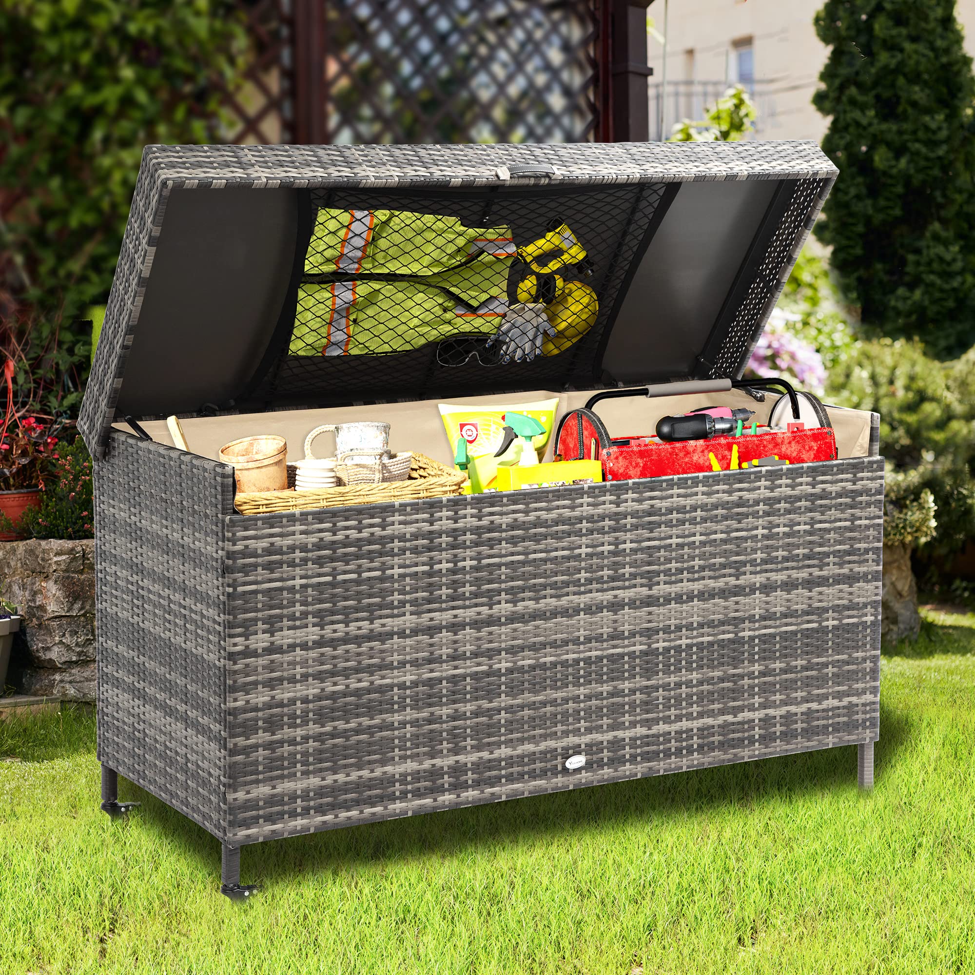 YITAHOME 200 Gallon Large Wicker Deck Box with Storage Net - XL Rattan Outdoor Storage Container for Patio Cushions, Garden Tools & Pool Equipment - Waterproof Furniture Cover for Backyard, Deck & Poolside (Grey)