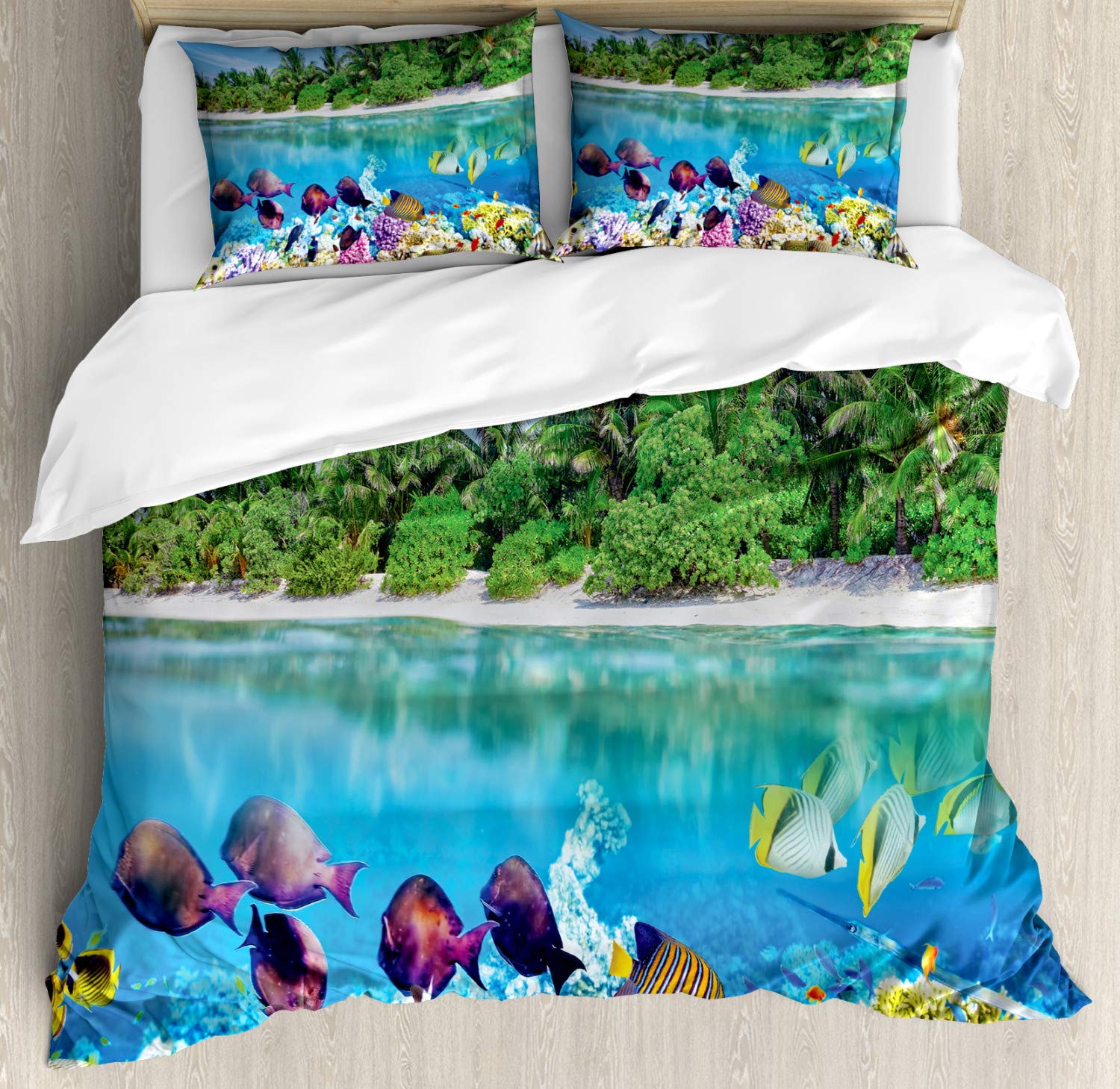 Ambesonne Island Duvet Cover Set - Underwater Aquatic World Maldives Travel Theme, 3-Piece Bedding Set with 2 Pillow Shams, California King Size, Multicolor Tropical Print | Perfect for Beach House Decor, Scuba Diving Enthusiasts & Ocean-Themed Bedrooms