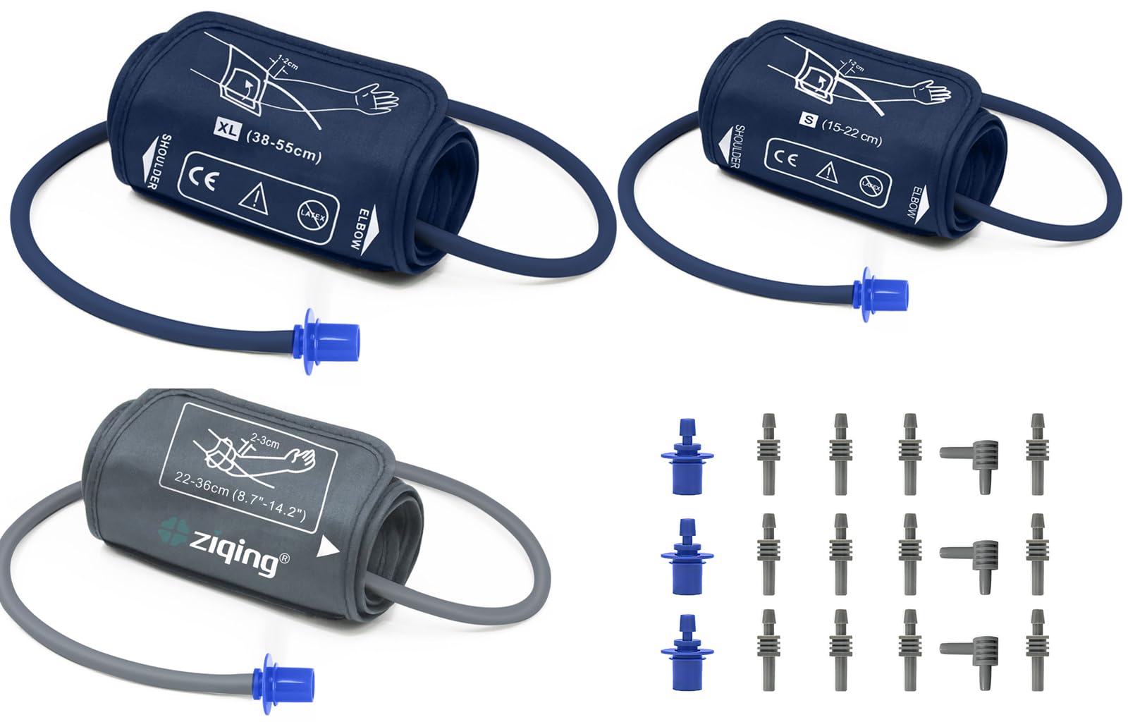 Premium 3-Size Blood Pressure Cuff Set - XL (38-55cm), Medium (22-36cm), Small (15-22cm) with 6 Universal Connectors | Fits Most BP Monitors | Ideal for Home Use, Clinics & Hospitals